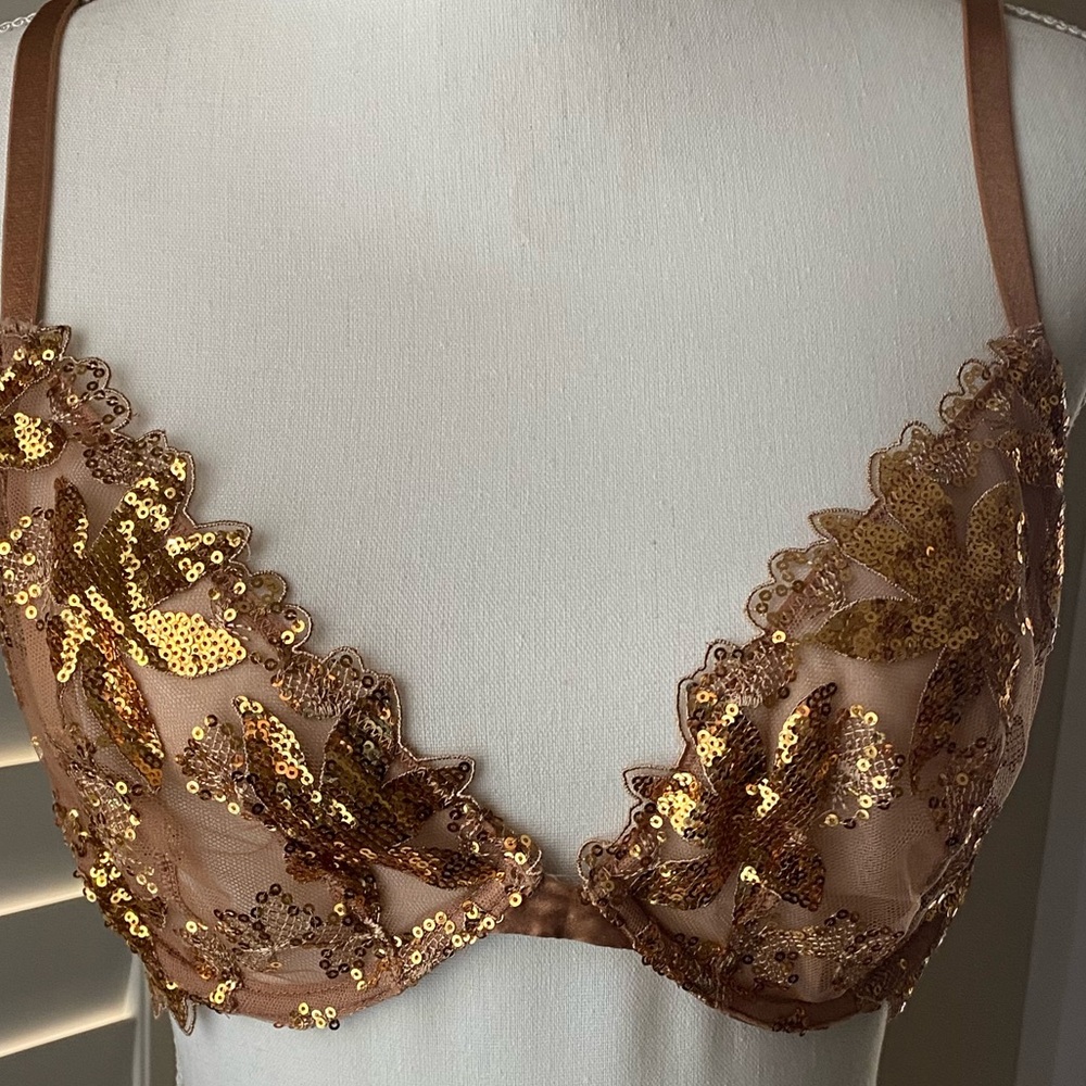 Victoria’s Secret Tan Sheer Bra with Gold Beaded Accents Sz 38C NWT